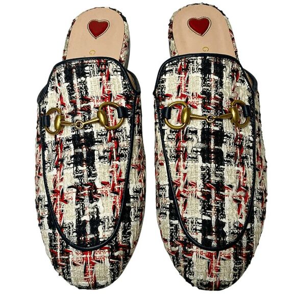 Gucci Princetown Tweed Horsebit Mules Navy Blue Red Logo Loafers EU 36 US 6 - Picture 2 of 8